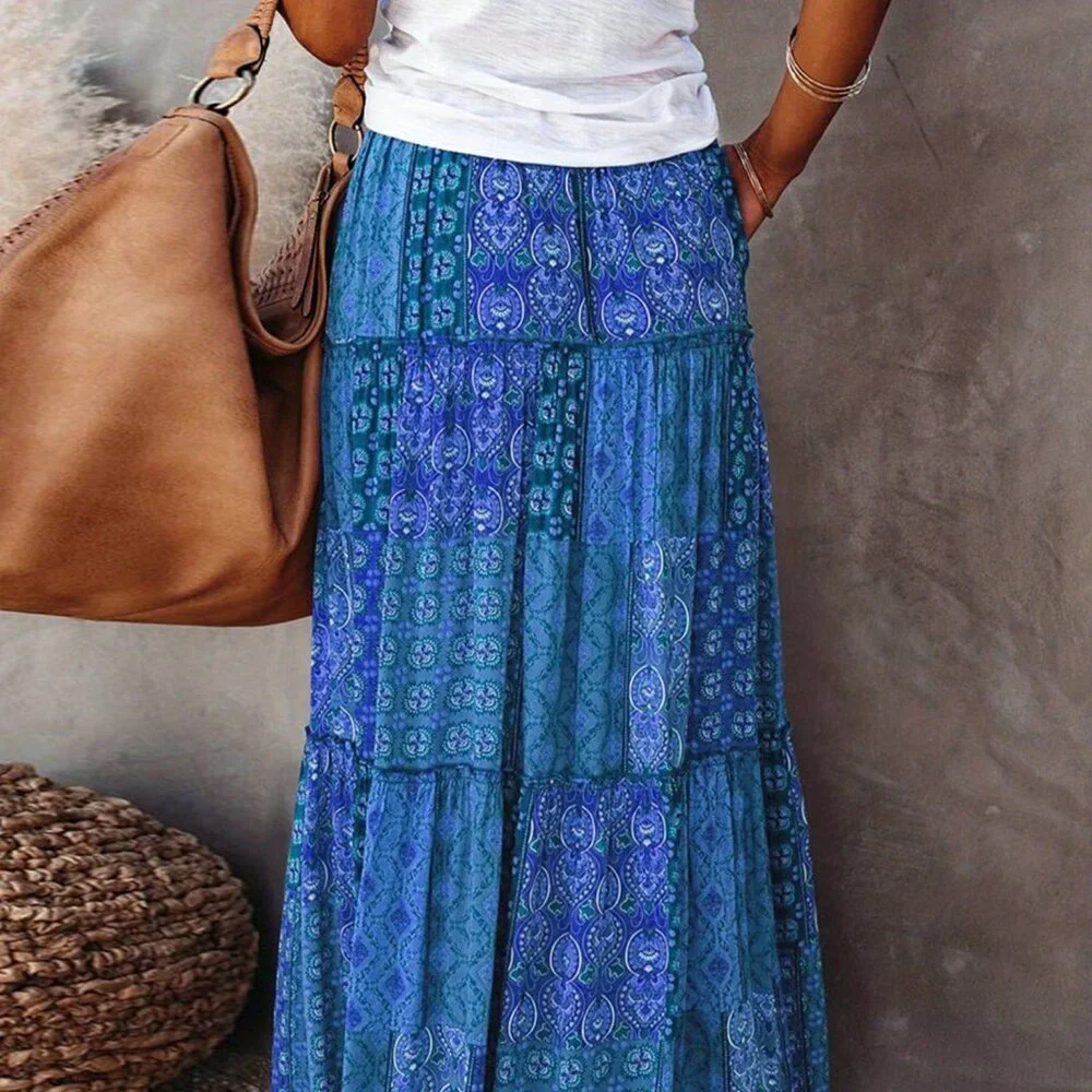 Dark Blue Boho Women's Elastic High Waist A-Line Tiered Long Skirt with Pockets